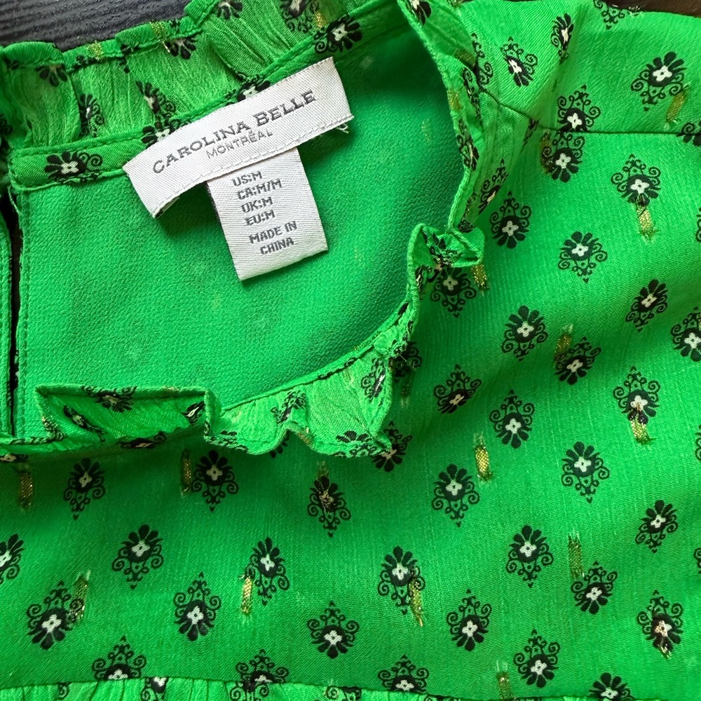 Carolina Belle Green Ruffle Neck Floral Blouse Top Size M - Picture 7 of 10